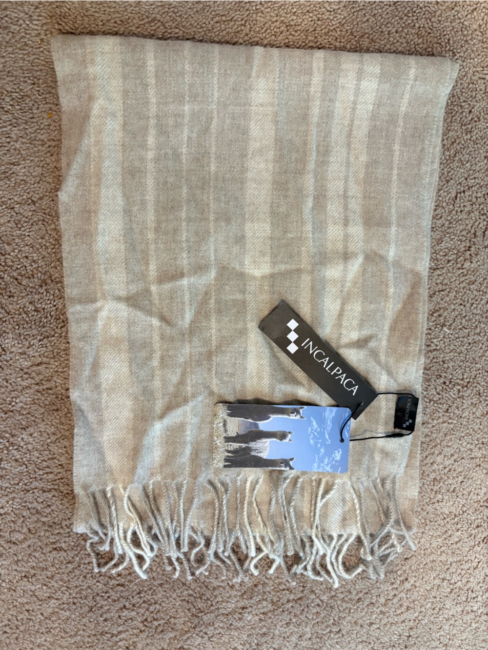 Beige Striped NWT 100% Baby Alpaca Wool Scarf from Peru
